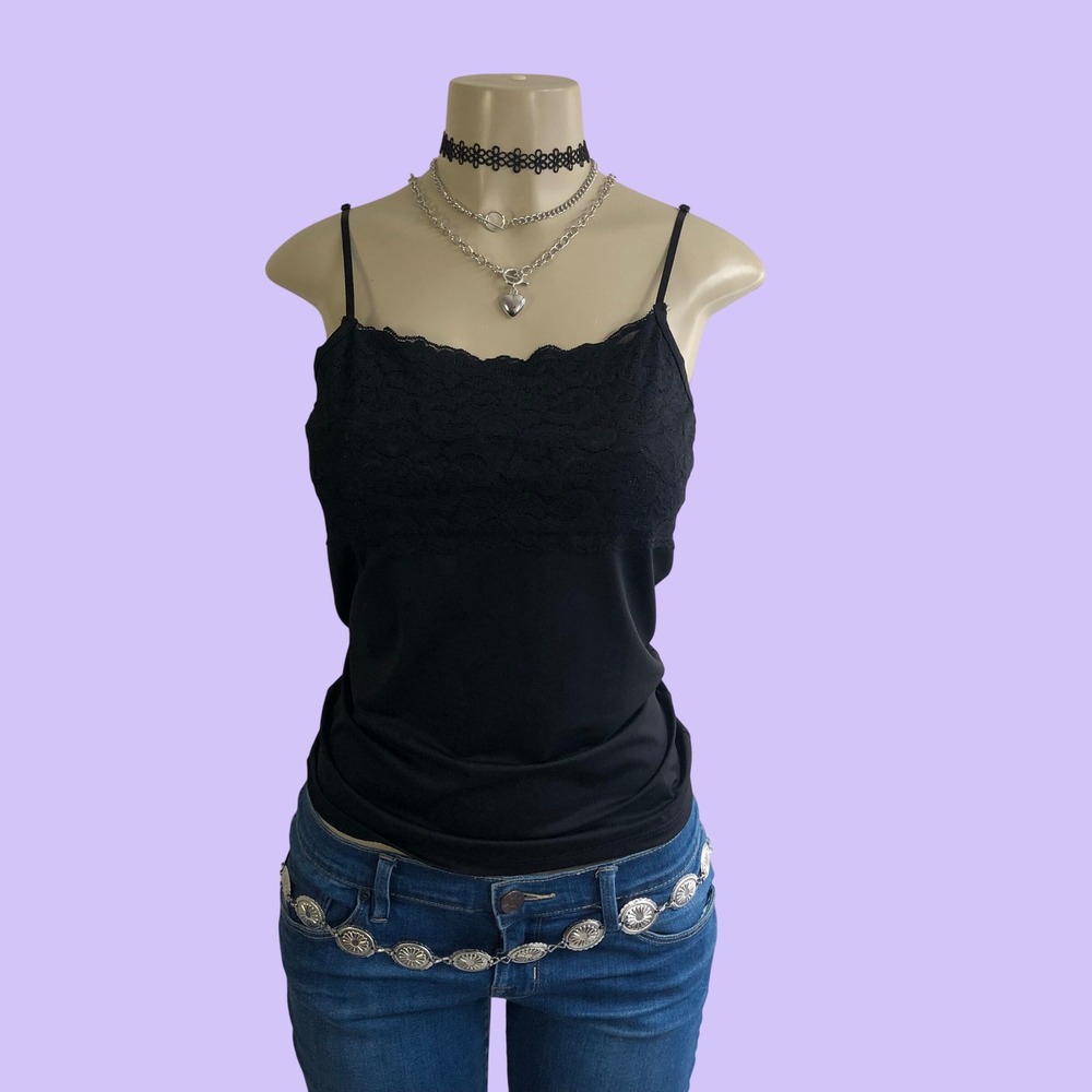 Vintage Y2K Black Lace Cami Top Womens S USA Made Boutique Essentials Whimsigoth